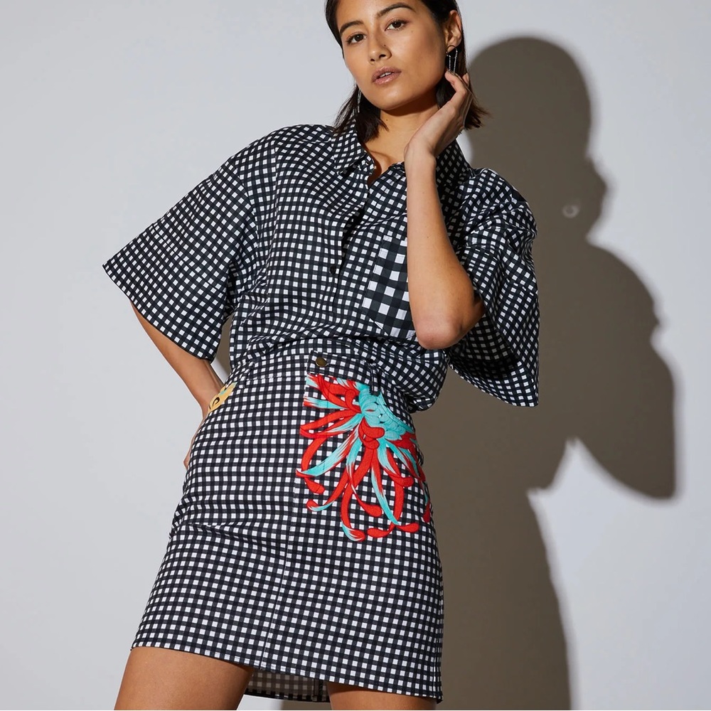 Black & White Gingham Mini Skirt with Red & Turquoise Embroidery